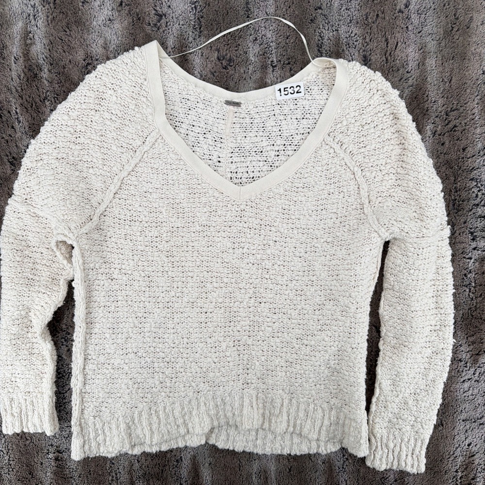 Free People Sweater Cream Ivory V Neck Chunky Knit Sweater Top Y2K Boho